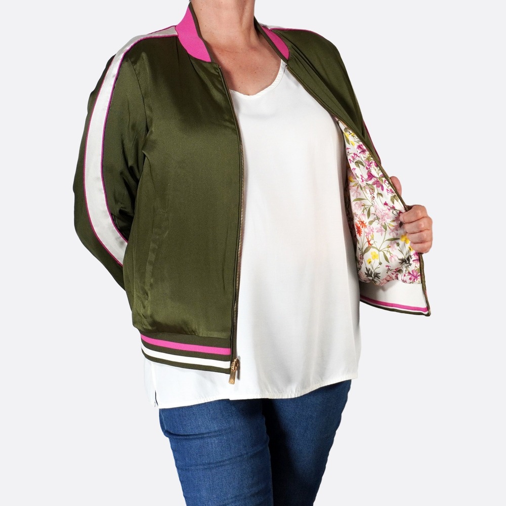 Scotch & Soda Satin Bomber Jacket L fits XL/1X Olive Pink Varsity Floral Lined